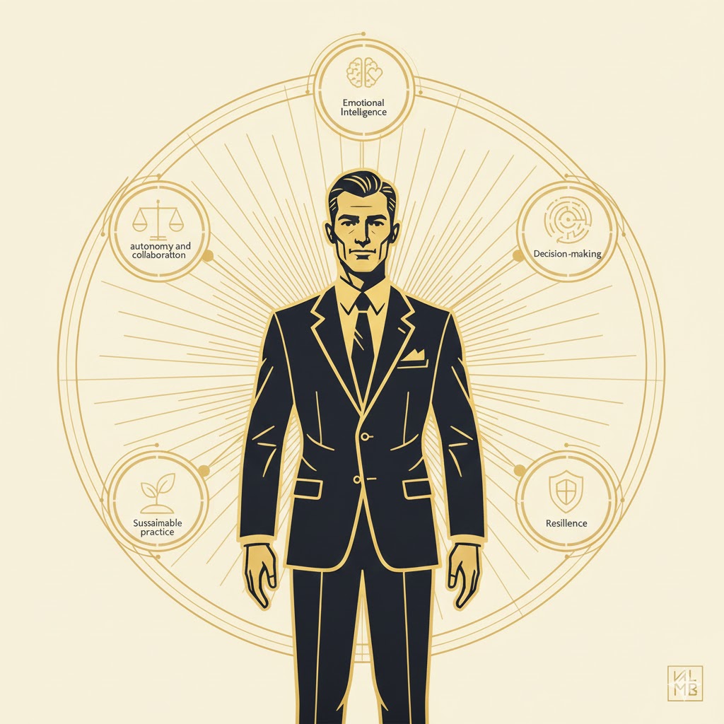 Art Deco illustration of a leader surrounded by golden orbs representing emotional intelligence, decision-making, and resilience on a cream background.